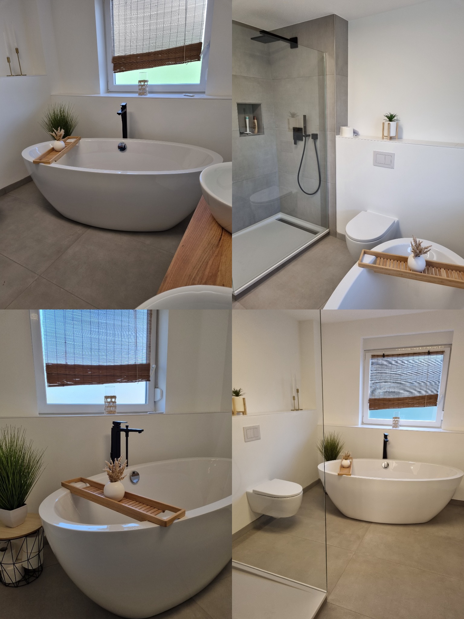 Fertiggestellte Badsanierung in Castrop-Rauxel mit Badewanne, bodengleicher Dusche und schwarzen Armaturen
