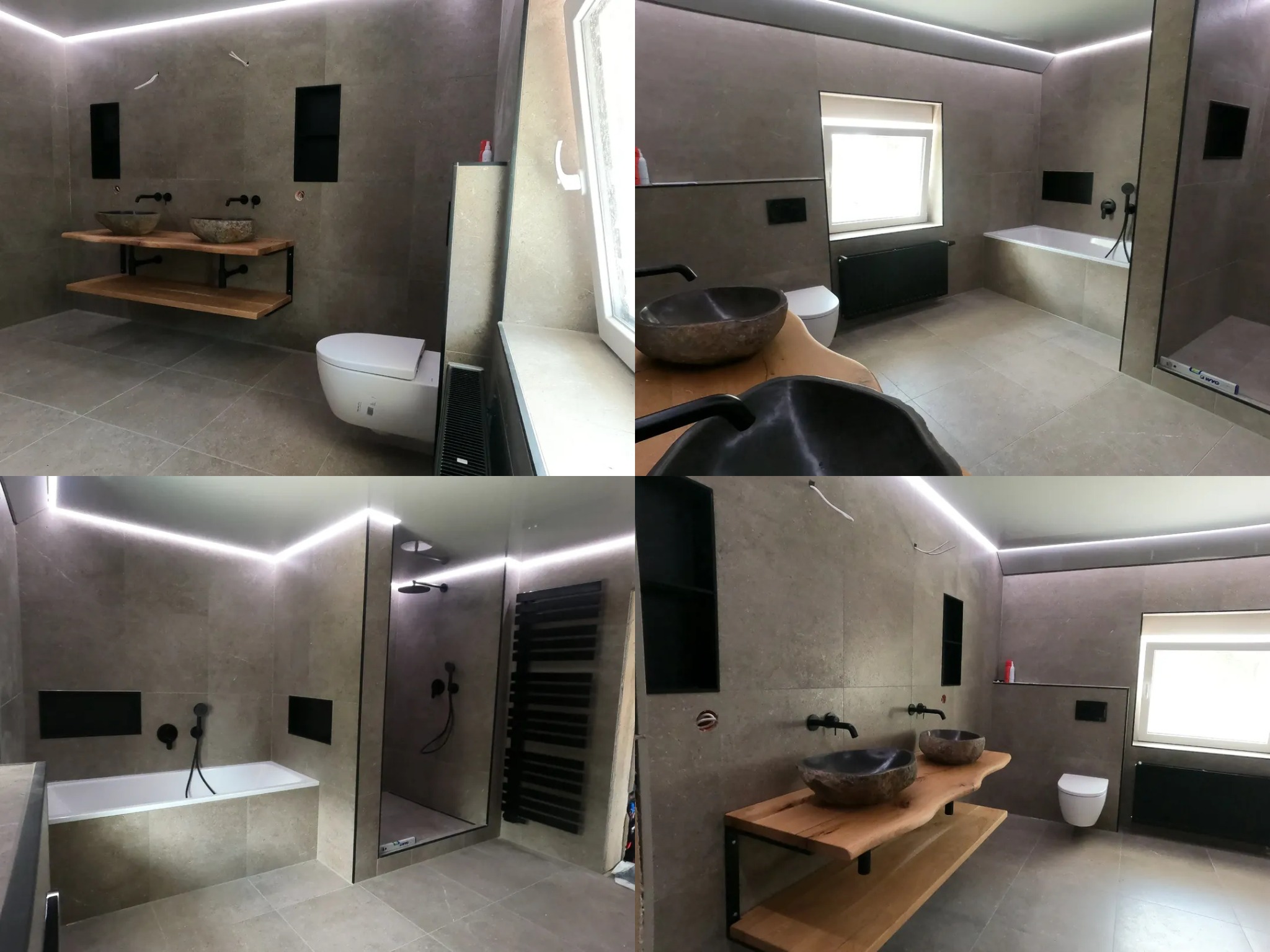 3D-Badplanung für ein modernes Badezimmer mit Badewanne, Dusche und Doppelwaschtisch