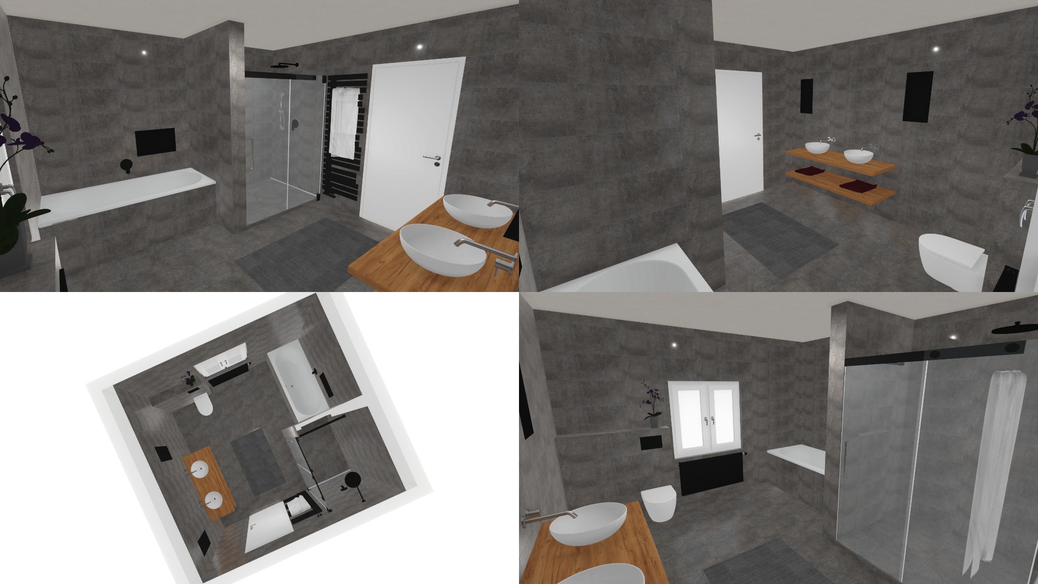Fertiggestelltes modernes Badezimmer mit bodengleicher Dusche, Badewanne und schwarzen Armaturen